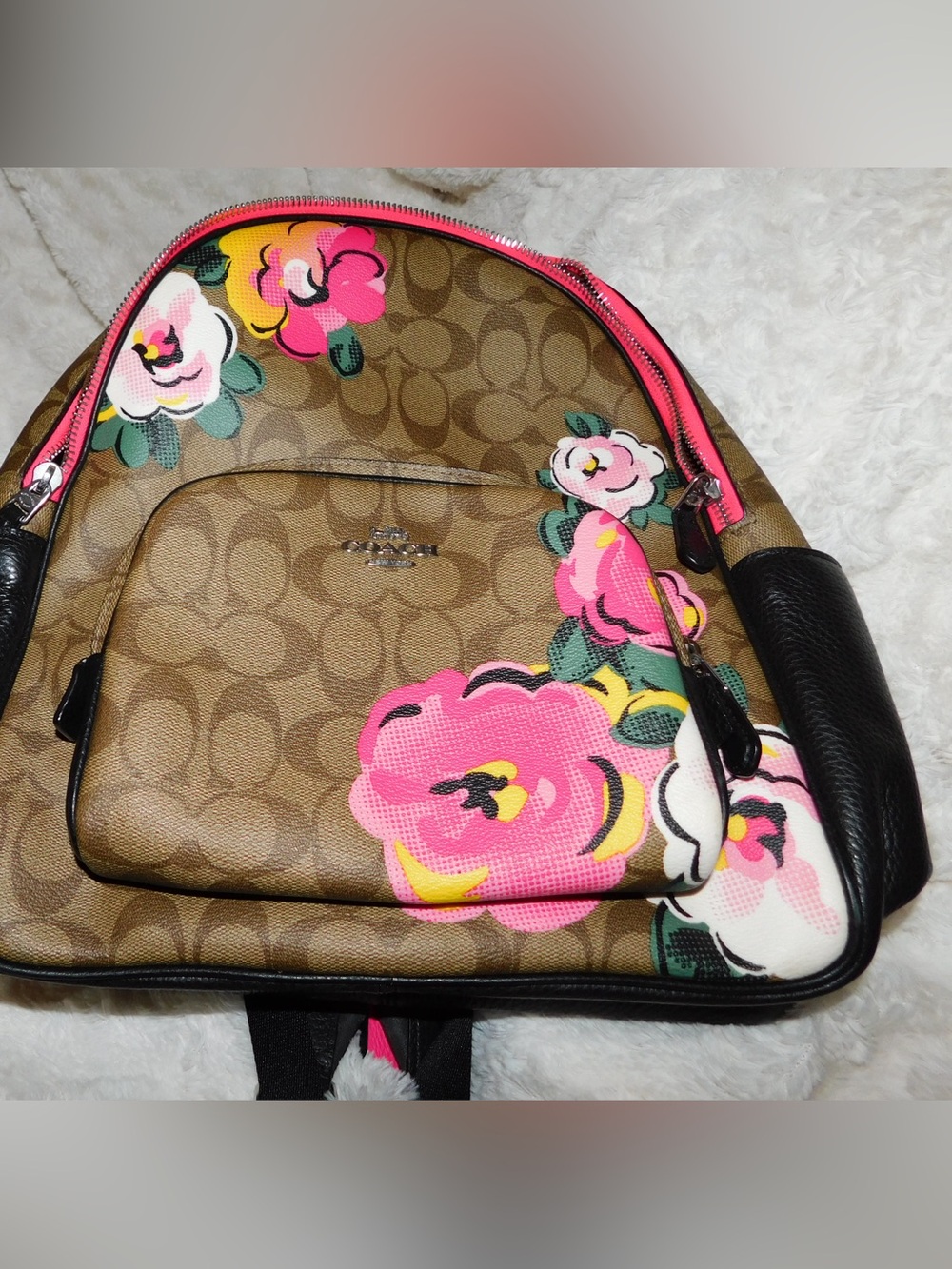Coach Signature Floral Mini Backpack in Brown and Pink
